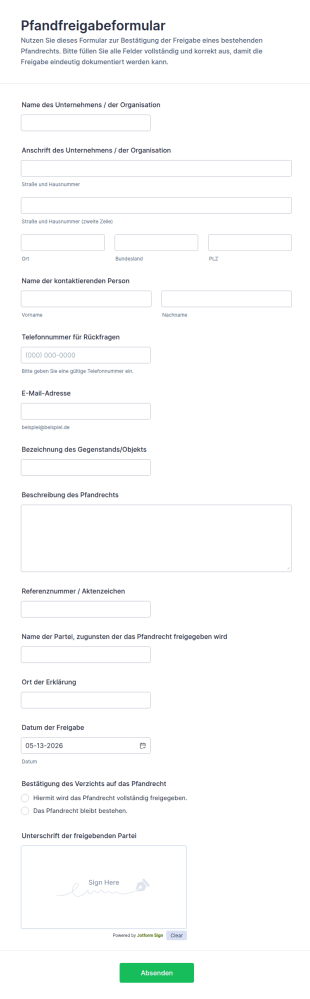 Freigabeformular Für Pfandrechte