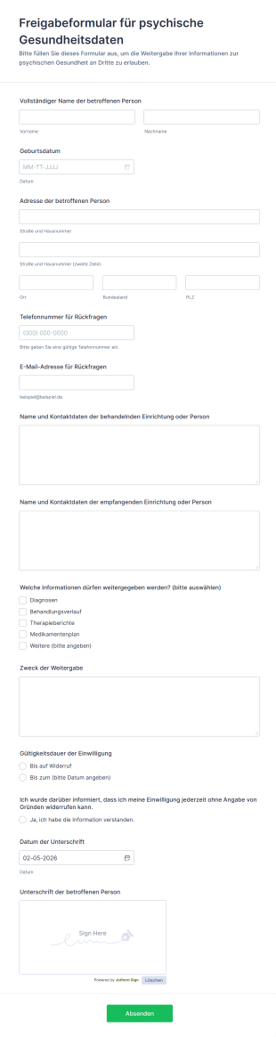 Freigabeformular Für Psychische Gesundheitsdaten