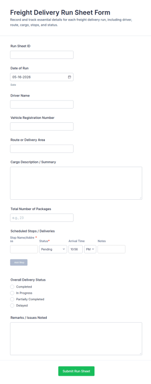 Freight Delivery Run Sheet Form Template