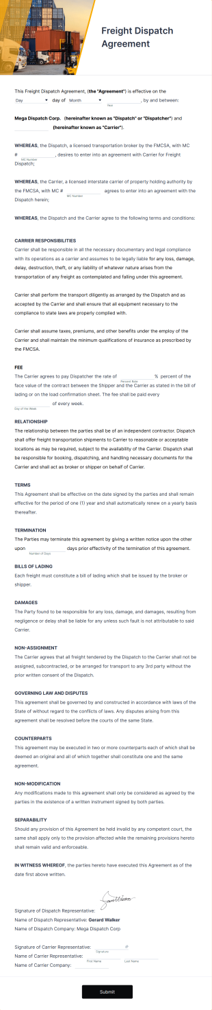 Freight Dispatch Agreement Form Template