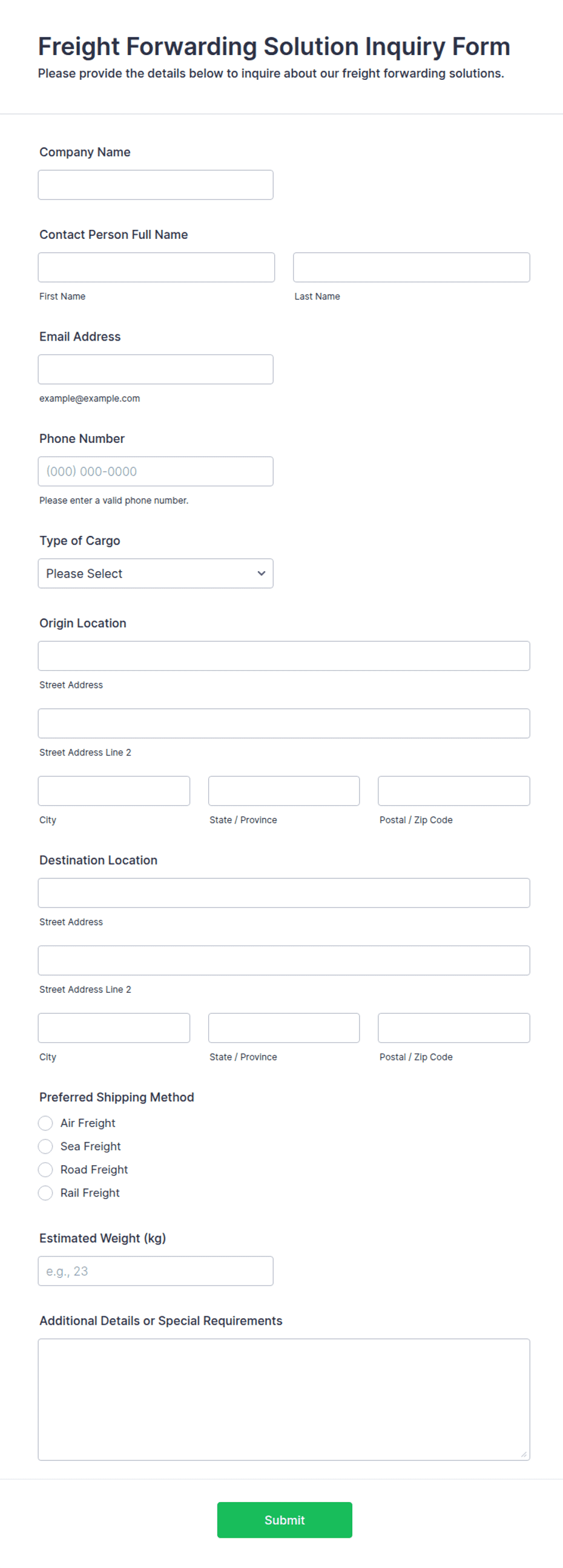 Freight Forwarding Solution Inquiry Form Template | Jotform
