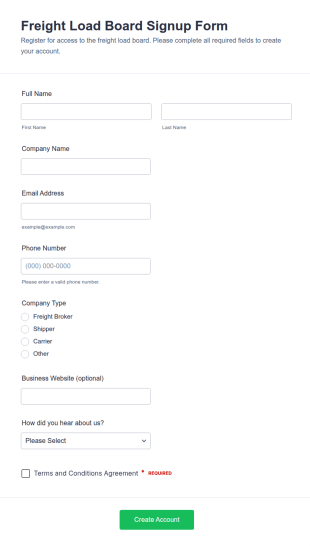 Freight Load Board Signup Form Template