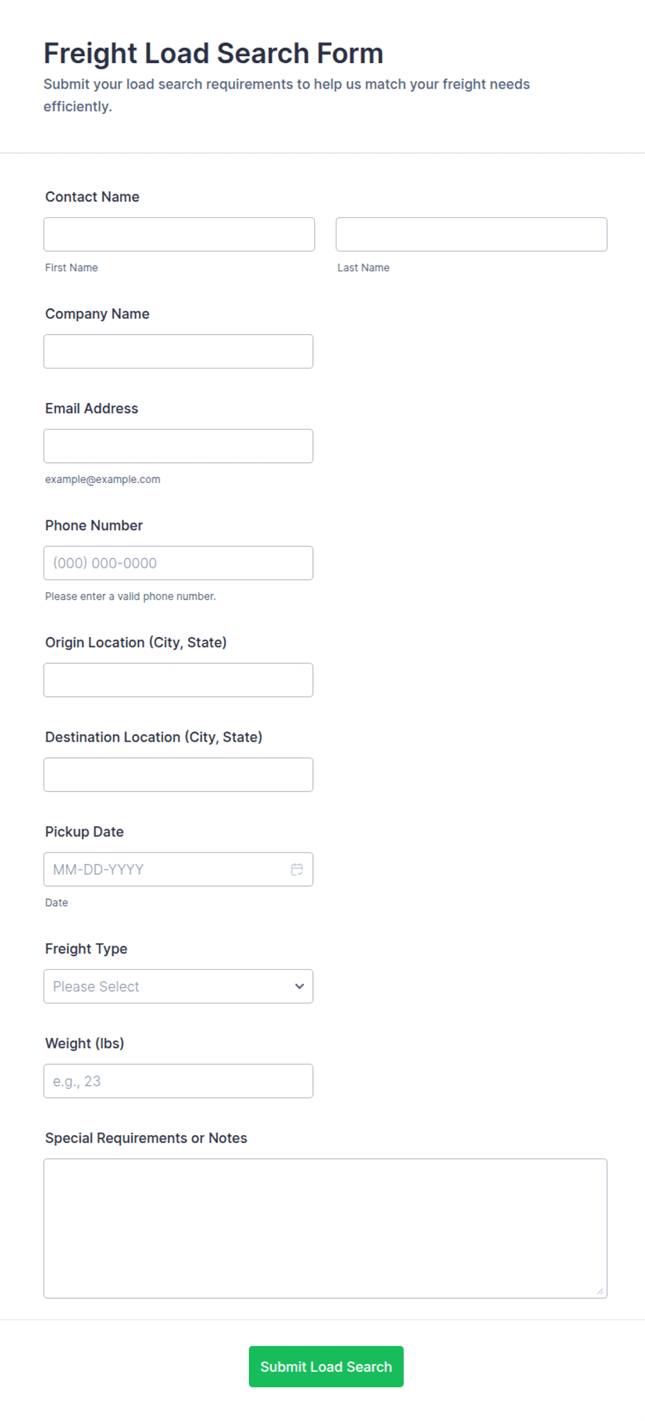 Freight Forwarding Inquiry Form Freight Load Search Form Template | Jotform