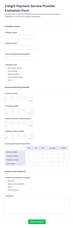 Freight Payment Service Provider Evaluation Form Template