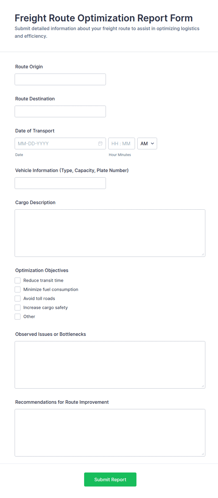 Route List Form Freight Route Optimization Report Form Template | Jotform