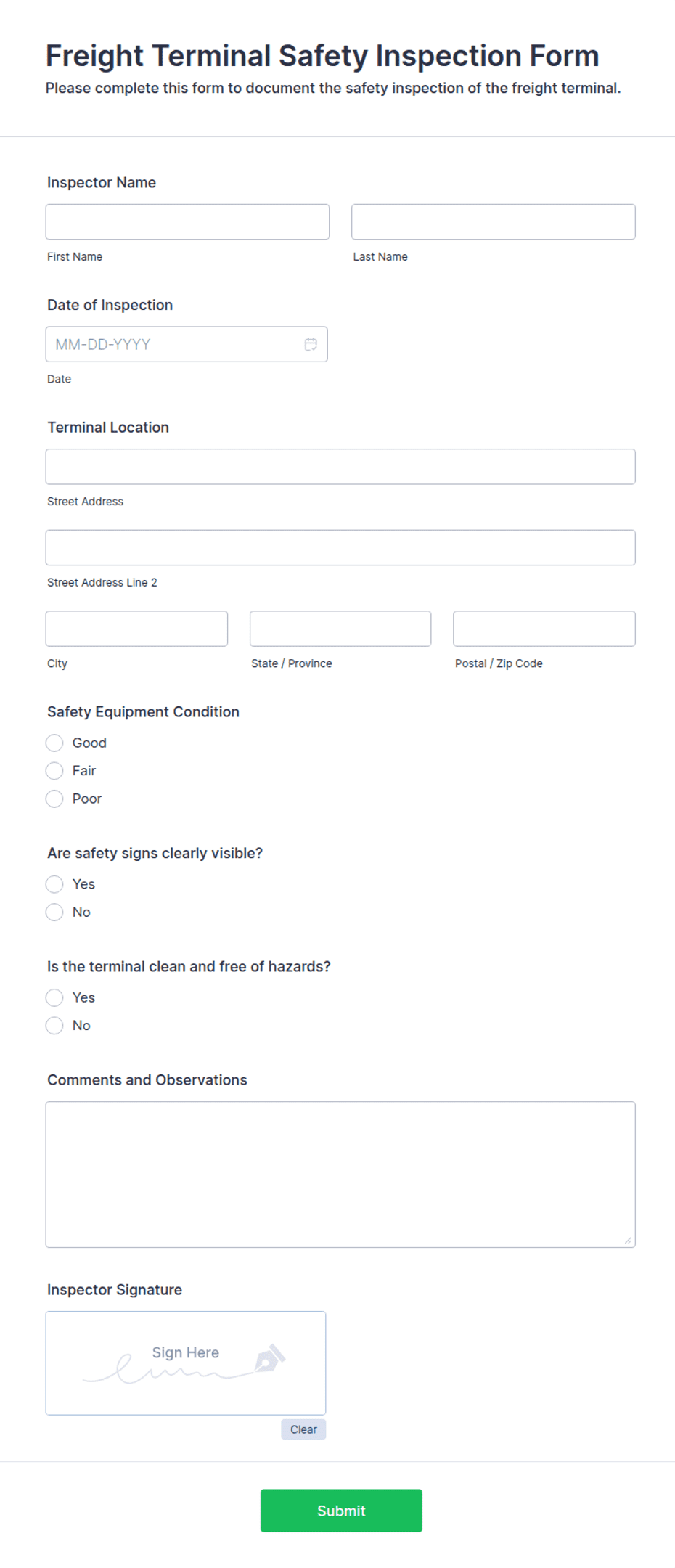 Freight Terminal Safety Inspection Form Template | Jotform