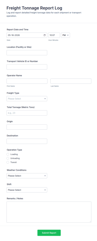 Freight Tonnage Report Log Form Template
