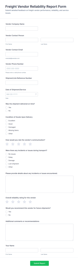 Freight Vendor Reliability Report Form Template