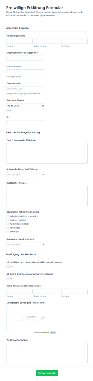 Freiwillige Erklärung Formular