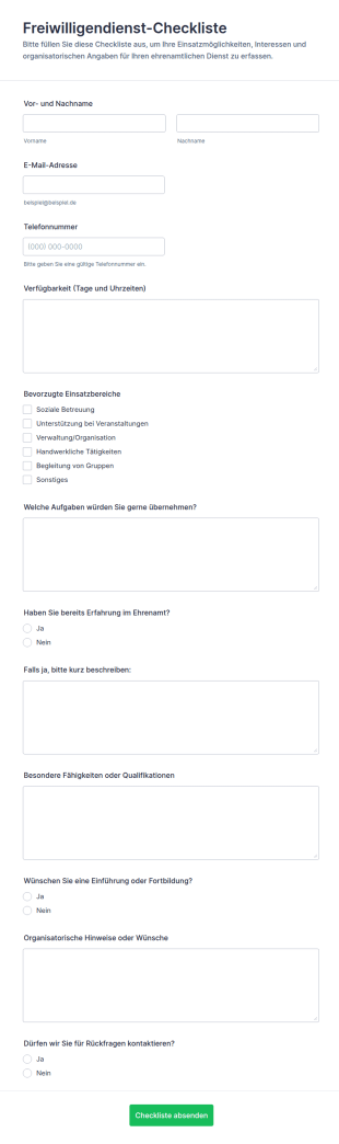 Freiwilligen Dienst Checkliste Formular