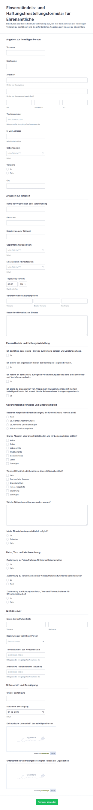 Freiwilligen Haftungsfreistellung Und Verzichtserklärung