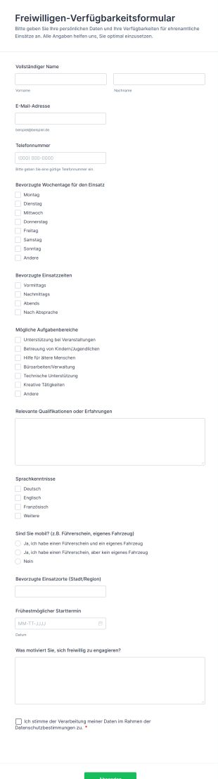 Freiwilligen Verfügbarkeitsformular