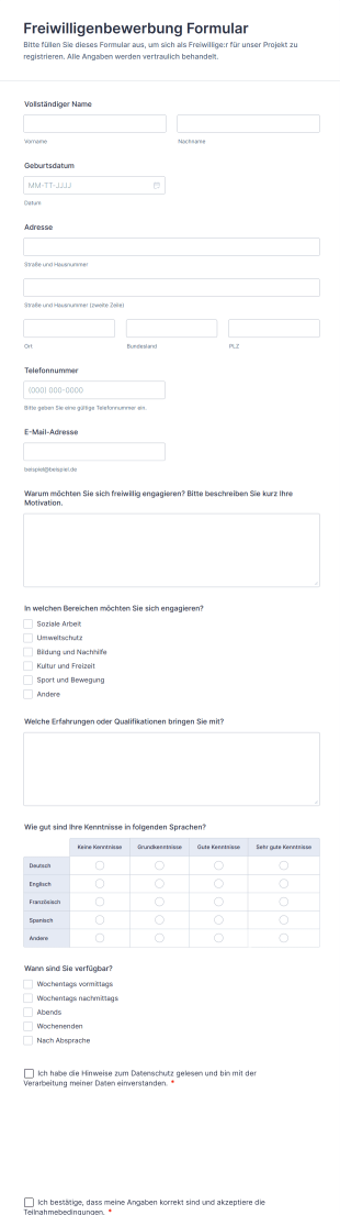Freiwilligenbewerbung Formular