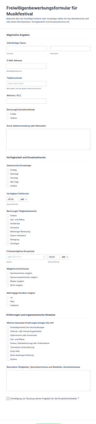 Freiwilligenbewerbung Musikfestival Form