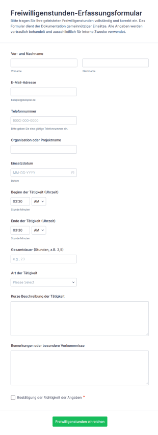 Freiwilligenstunden Details Formular