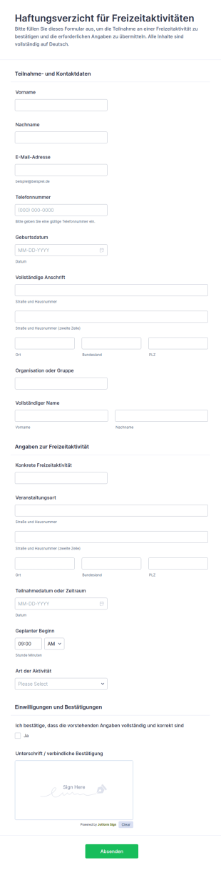 Freizeitaktivitäten Haftungsverzicht