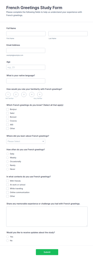 French Greetings Study Form Template