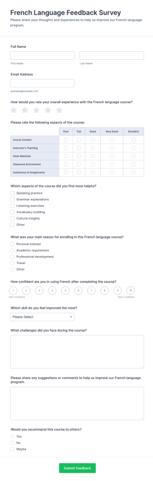 French Language Feedback Survey Form Template