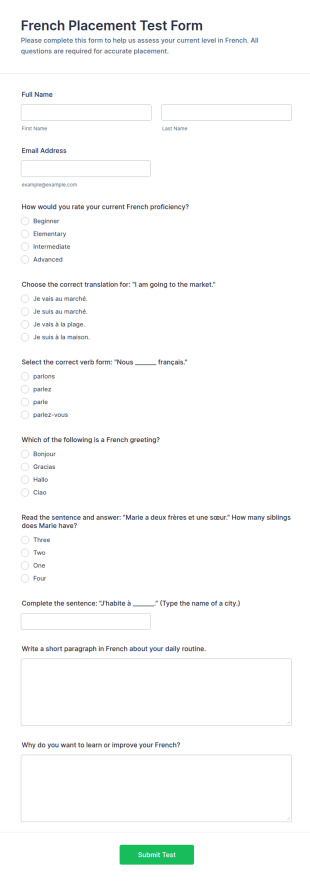 French Placement Test Form Template