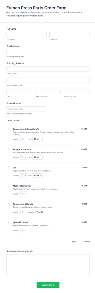 French Press Parts Order Form Template
