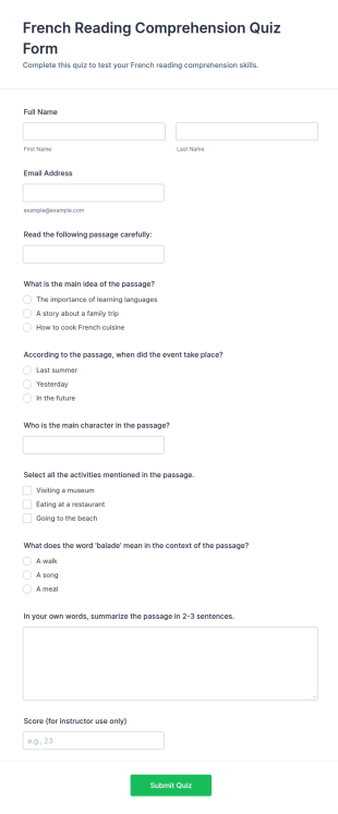 French Reading Comprehension Quiz Form Template