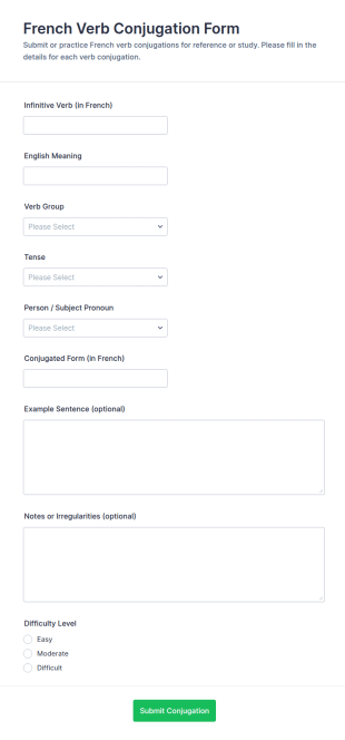 French Verb Conjugation Form Template