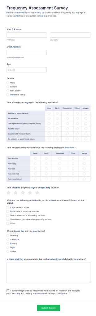Frequency Assessment Survey Form Template