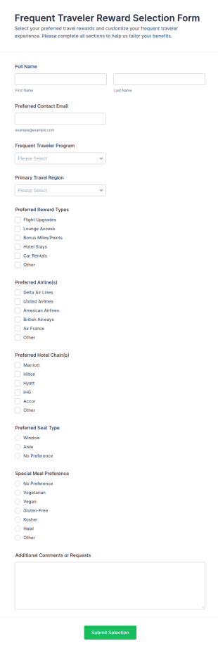Frequent Traveler Reward Selection Form Template