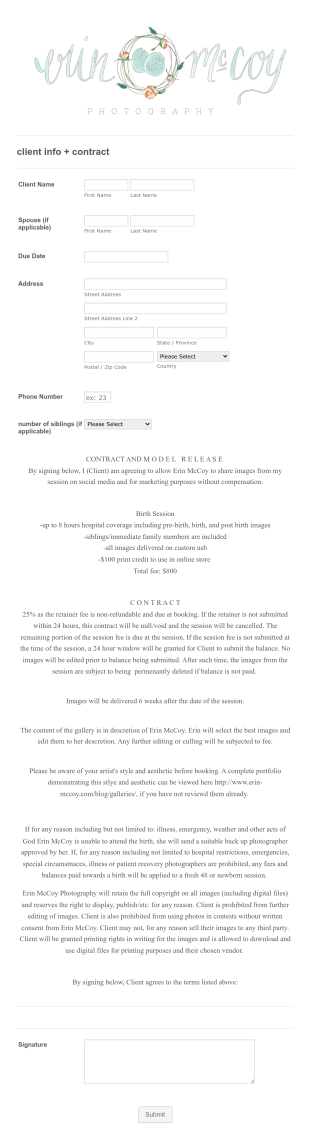 Photography Contact Form Template