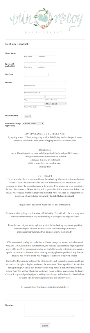 Photography Contact Form Template