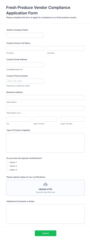 Fresh Produce Vendor Compliance Application Form Form Template