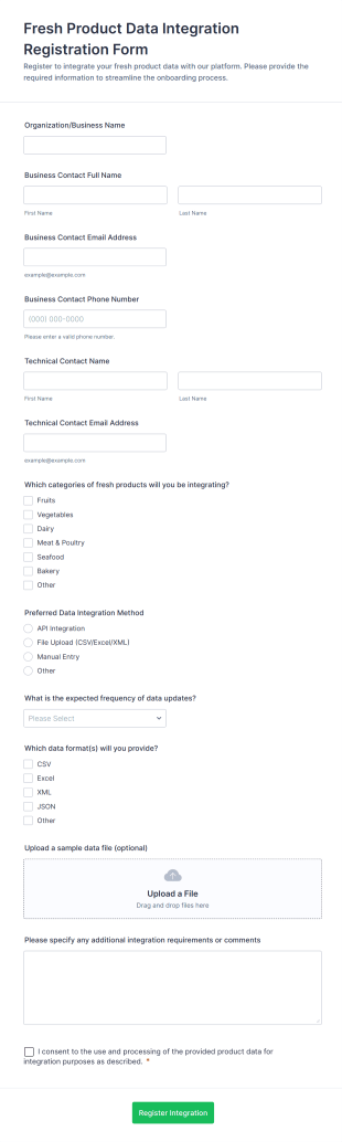 Fresh Product Data Integration Registration Form Template