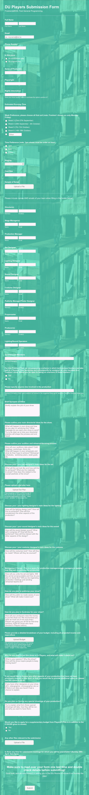 Freshers’ Fest Play Submission Form Template