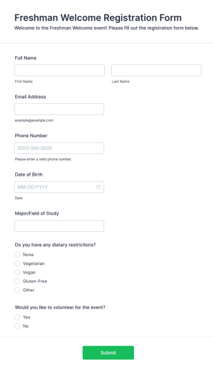 Freshman Welcome Registration Form Template