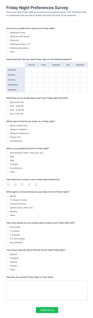 Friday Night Preferences Survey Form Template