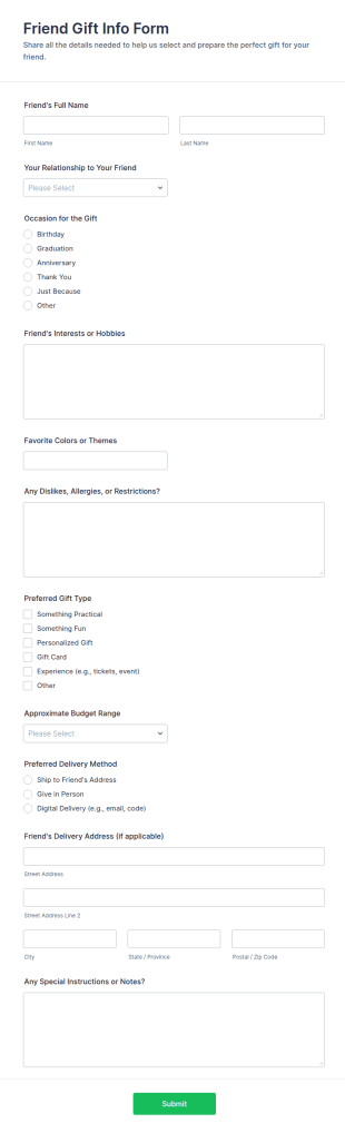 Friend Gift Info Form Template