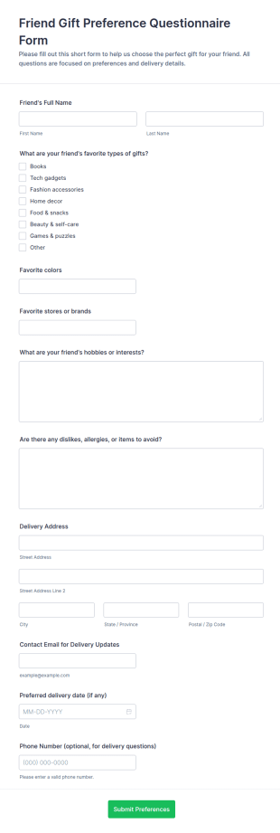 Friend Gift Preference Questionnaire Form Template