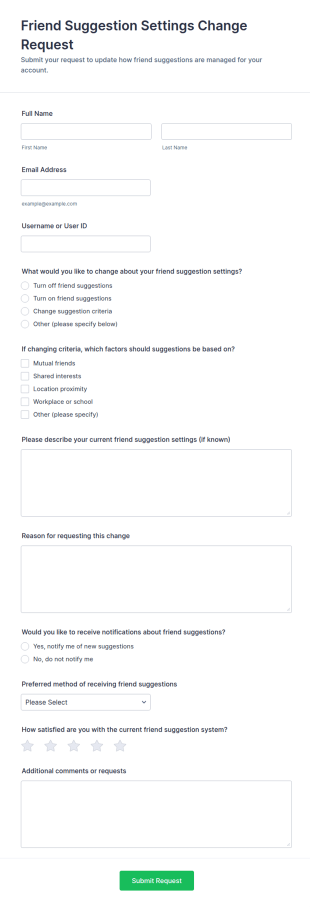 Friend Suggestion Settings Change Request Form Template