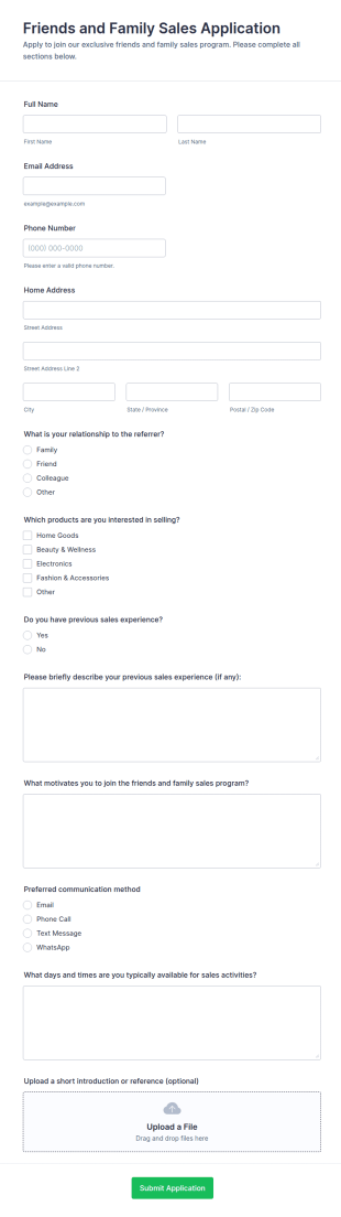Friends And Family Sales Application Form Template