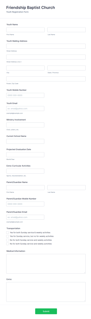 Baptist Church Youth Registration Form Template