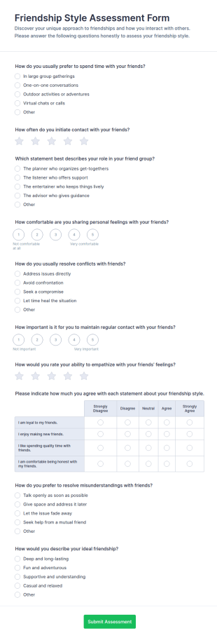 Friendship Style Assessment Form Template