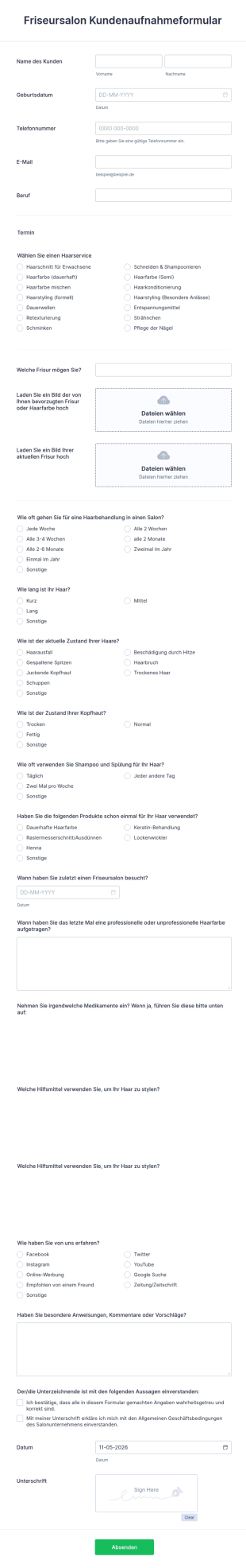 Friseursalon Kundenaufnahmeformular