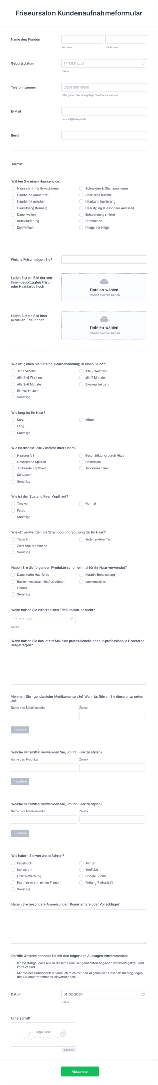 Friseursalon Kundenaufnahmeformular