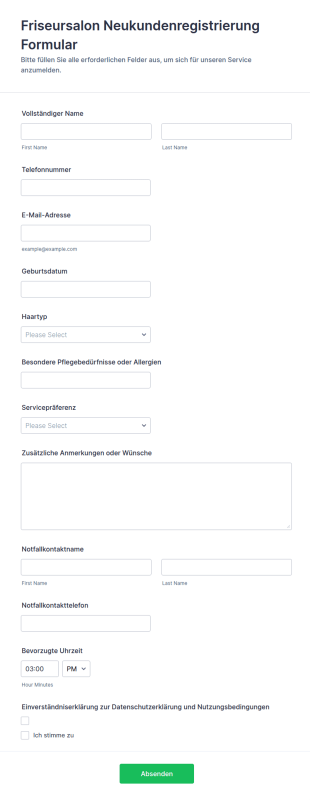 Friseursalon Neukundenregistrierung Formular