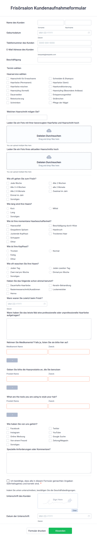 Frisörsalon Kundenaufnahmeformular