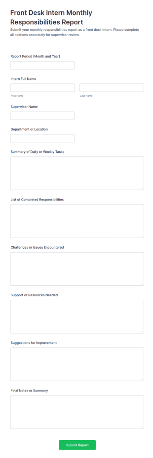 Front Desk Intern Monthly Responsibilities Report Form Template