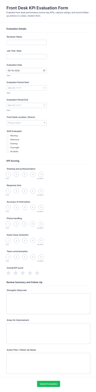 Front Desk KPI Evaluation Form Template