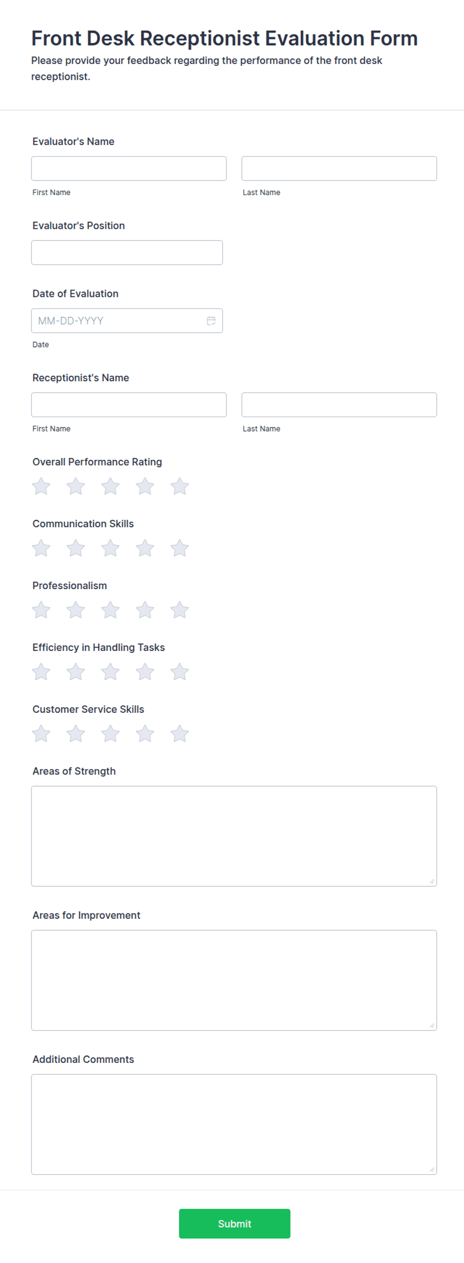 Front Desk Receptionist Evaluation Form Template | Jotform