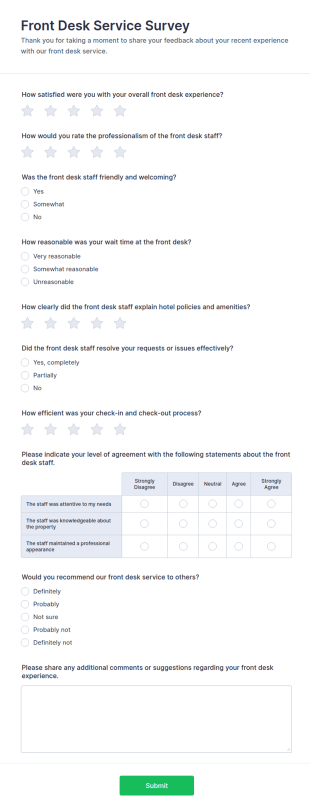Front Desk Service Survey Form Template