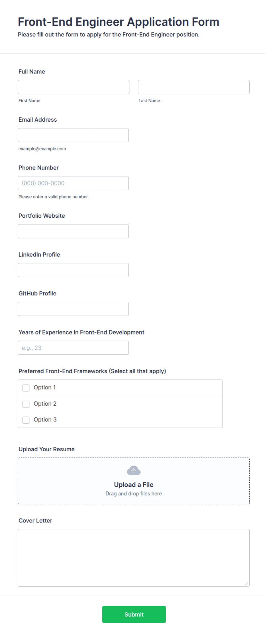 Front End Examples Form Front-End Engineer Application Form Template | Jotform